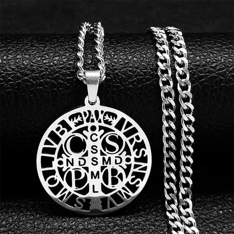 Stainless Steel St Benedict Medal Pendant Necklace Religious Cross Round Hollow Hip Hop Jewelry For Men Women Daily Gift