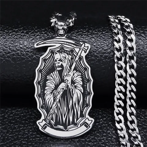 Sensenmann Anhänger Halskette Aus Edelstahl Mit Panzerkette Gothic Punk Totenkopf Sense Schild Schmuck Für Herren