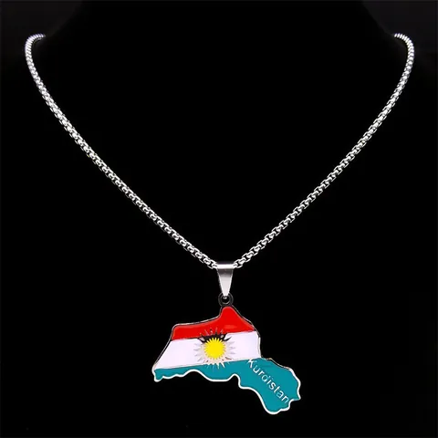 Kurdistan Map Pendant Necklace Stainless Steel Enamel Flag Sun Pattern Retro Jewelry For Men Women Box Chain Neckwear