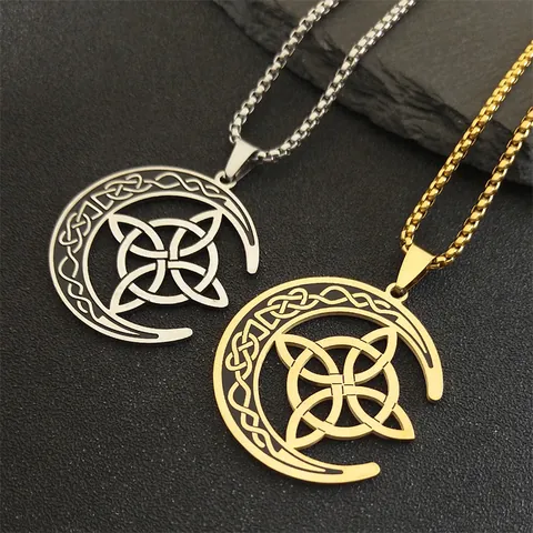 Edelstahl Keltischer Knoten Halbmond Anhänger Halskette Wikinger Nordisch Hexe Knoten Vintage Schmuck Für Herren Damen Geschenk