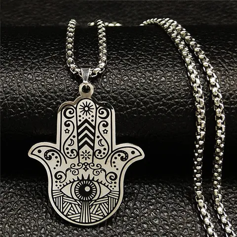 Vintage Stainless Steel Hamsa Hand Evil Eye Pendant Necklace For Men Women Spiritual Ethnic Fatima Hand Jewelry Box Chain