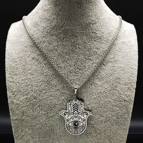 Vintage Stainless Steel Hamsa Hand Evil Eye Pendant Necklace For Men Women Spiritual Ethnic Fatima Hand Jewelry Box Chain