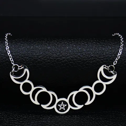 Gothic Stainless Steel Moon Phase Pentagram Hollow Pendant Necklace Witchcraft Mystical Boho Jewelry For Men Women