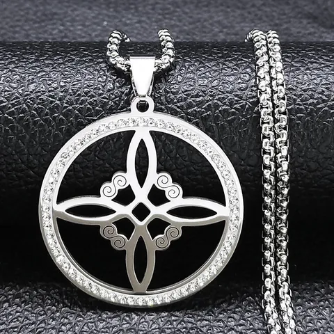 Gothic Stainless Steel Witch's Knot Pendant Necklace For Men Women Celtic Knot Round Zirconia Inlaid Box Chain Jewelry