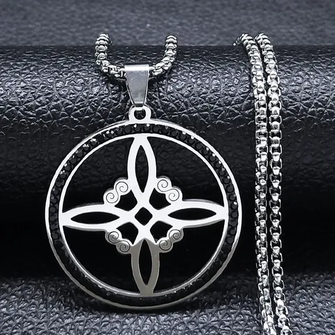 Gothic Stainless Steel Witch's Knot Pendant Necklace For Men Women Celtic Knot Round Zirconia Inlaid Box Chain Jewelry