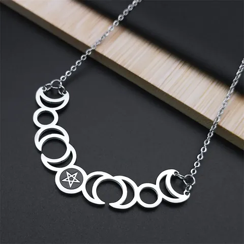Gothic Stainless Steel Moon Phase Pentagram Hollow Pendant Necklace Witchcraft Mystical Boho Jewelry For Men Women