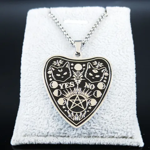 Collier Pendentif Cœur Gothique en Acier Inoxydable Homme Femme Planchette Esprit Chat Lune Étoile Bijoux Sorcière