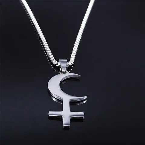 Vintage Stainless Steel Lilith Symbol Pendant Necklace Moon Cross Astrology Gothic Jewelry For Men Women Unisex Accessory