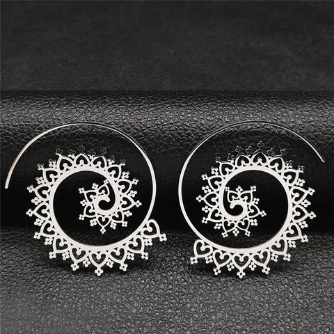 Pendientes Colgantes Espiral de Acero Inoxidable Bohemio Vintage Hueco Floral Corazón Étnico Joyería para Mujer Accesorio Moda