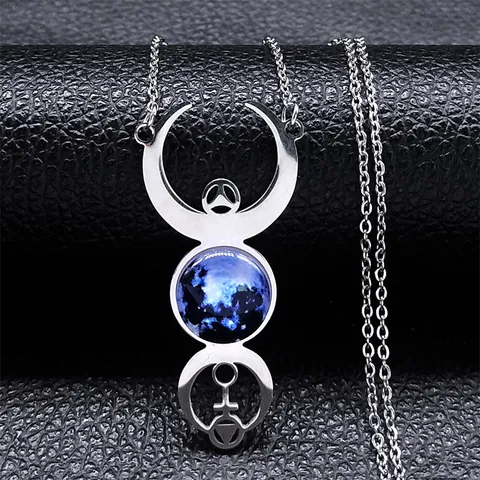 Vintage Stainless Steel Triple Moon Goddess Pendant Necklace Glass Starry Sky Hecate Wiccan Jewelry For Women Men