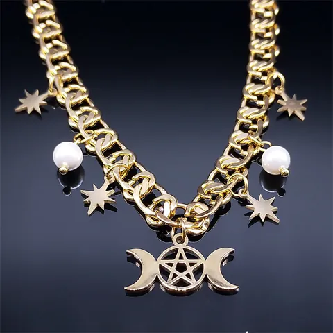 Collar de Pentagrama de la Diosa de la Triple Luna Hécate de Acero Inoxidable Estrella Celestial Perla de Imitación Colgante Gótico Joyería para Mujer