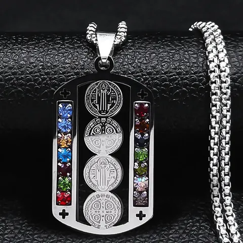 Stainless Steel St Benedict Medal Pendant Necklace With Colorful Rhinestones Hip Hop Religious Jewelry For Men Women