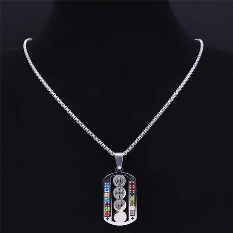 Stainless Steel St Benedict Medal Pendant Necklace With Colorful Rhinestones Hip Hop Religious Jewelry For Men Women
