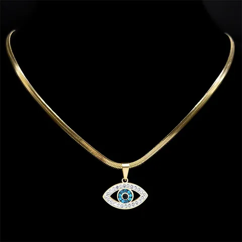 Stainless Steel Evil Eye Pendant Necklace For Women Gold Plated Blade Chain Turkish Blue Eye Rhinestone Amulet Jewelry