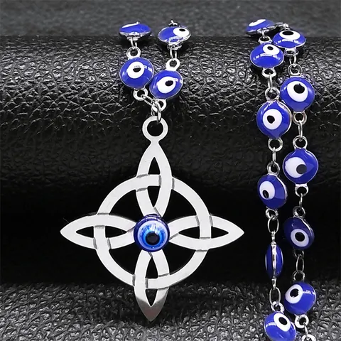 Edelstahl Keltischer Knoten Böser Blick Anhänger Halskette Für Damen Herren Schutz Amulett Hexenknoten Perlenkette Schmuck
