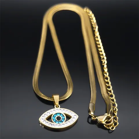 Stainless Steel Evil Eye Pendant Necklace For Women Gold Plated Blade Chain Turkish Blue Eye Rhinestone Amulet Jewelry