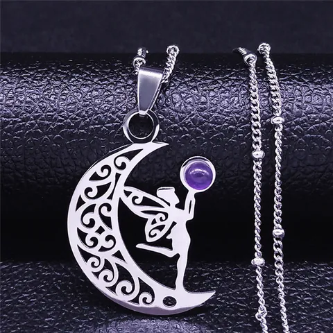 Stainless Steel Moon Fairy Pendant Necklace For Women Hollow Crescent Moon With Vine Pattern Fantasy Jewelry Delicate Gift