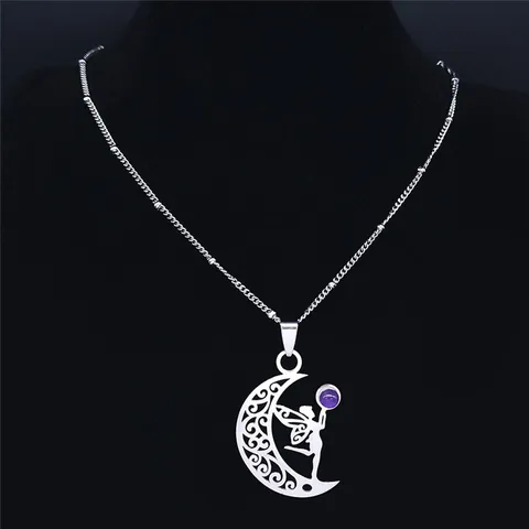 Stainless Steel Moon Fairy Pendant Necklace For Women Hollow Crescent Moon With Vine Pattern Fantasy Jewelry Delicate Gift