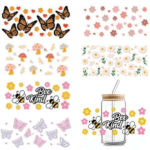 UV DTF Transfer Sticker Voor 16oz Libbey Glas Waterdichte Rub On Decals DIY Cup Wrap Vlinder Bloem Bij Mama Thema's Decoratie