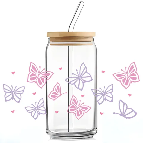 UV DTF Transfer Sticker Voor 16oz Libbey Glas Waterdichte Rub On Decals DIY Cup Wrap Vlinder Bloem Bij Mama Thema's Decoratie