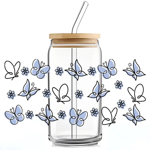 UV DTF Libbey Glass Can Wrap Adesivi Farfalla Fiore Modello Impermeabile Decalcomanie Trasferimento Per Bicchieri DIY Decor