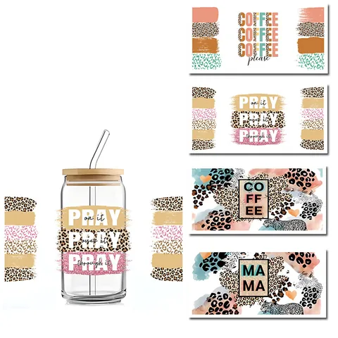 Autocollant de Transfert UV DTF Imprimé Léopard pour Tasse en Verre Imperméable DIY Décalcomanie Pray Mama Coffee Décoration