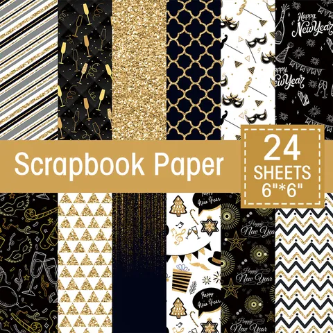 Black Gold New Year Scrapbook Paper Square Cardstock Decorative Paper For DIY Crafting Photo Album Journaling Material