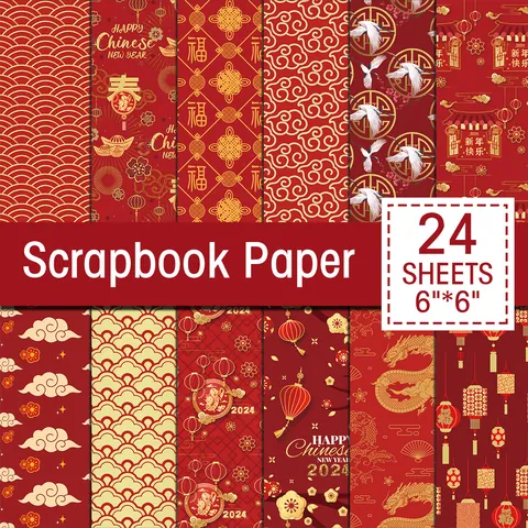 Lunar New Year Dragon Patterned Scrapbook Paper Red Gold Cardstock For DIY Journal Hand Account Decoration Crafting