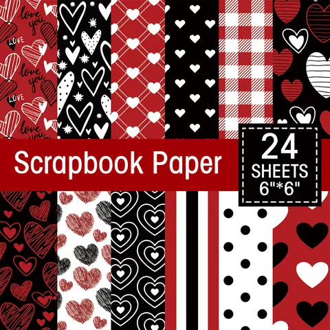 24 Φύλλα Χαρτί Scrapbooking Αγίου Βαλεντίνου 6x6 Ίντσες Κόκκινο Μαύρο Λευκό Μοτίβο Καρδιάς για DIY Άλμπουμ Φωτογραφιών