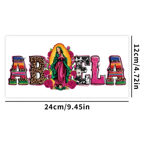 Autocollant de Transfert UV DTF pour Verre Canette 16oz Vierge de Guadalupe Roses Motif Léopard Espagnol Mama Abuela Décoratif pour Tasse DIY