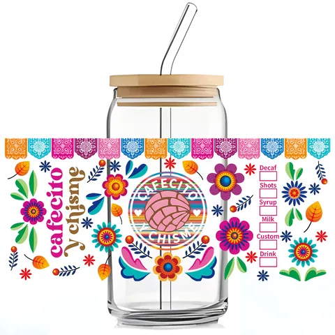 Autocollant de Transfert UV DTF pour Verres Cafecito Y Chisme Fleurs Mexicaines DIY Étiquette Imperméable