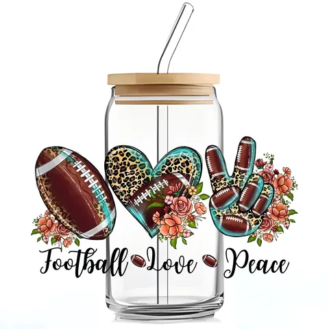Αυτοκόλλητο Μεταφοράς UV DTF για Κύπελλο Football Love Peace Λεοπάρ Καρδιά Λουλούδι Διακοσμητικό για Γυάλινο Βάζο DIY