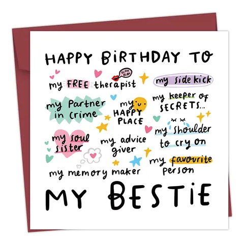 Divertente Biglietto di Auguri di Compleanno Per Bestie Con Busta Rosso Scuro Illustrazione Fatta a Mano Per Amici