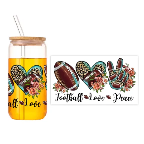 Αυτοκόλλητο Μεταφοράς UV DTF για Κύπελλο Football Love Peace Λεοπάρ Καρδιά Λουλούδι Διακοσμητικό για Γυάλινο Βάζο DIY
