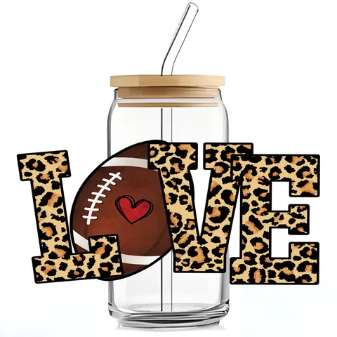 16oz Glass Can With Bamboo Lid And Glass Straw American Football Leopard Print Pattern Beer Can Tumbler For Iced Coffee Juice Water Cup