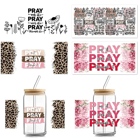 Adesivi a Trasferimento UV DTF per Libbey Glass da 16oz Citazione Religiosa Motivazionale Motivo Floreale Leopardato DIY