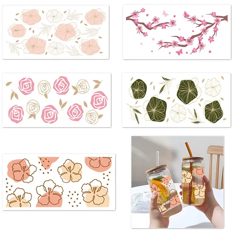 Autocollant de Transfert UV DTF Floral pour Verres Imperméable Motif Botanique Rose Fleurs de Cerisier Décoration DIY