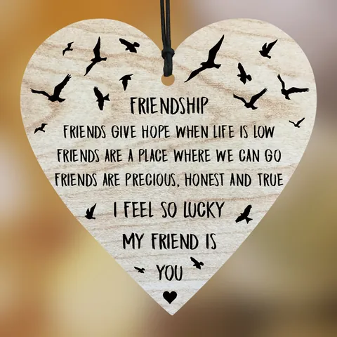 Heart Shaped Wooden Hanging Plaque With Friendship Quote Birds Print Decorative Sign Gift For Friends Home Office Car Decor