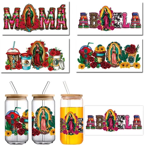 Autocollant de Transfert UV DTF pour Verre Canette 16oz Vierge de Guadalupe Roses Motif Léopard Espagnol Mama Abuela Décoratif pour Tasse DIY