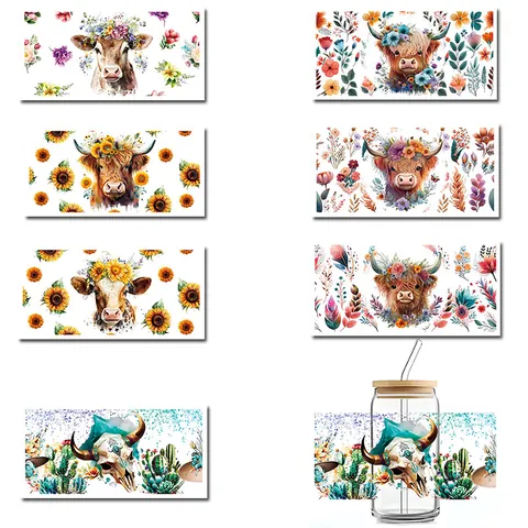 Waterproof UV DTF Transfer Cup Wrap Sticker Highland Cow Sunflower Cactus Skull Pattern Bohemian DIY Craft Bottle Decoration Multi Style Crystal Label
