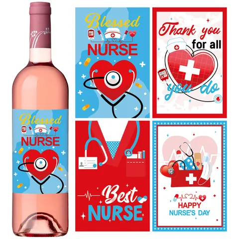 Nurse Theme Wine Bottle Stickers For Graduation Party Decor Waterproof Medical Elements Stethoscope Heart Design Labels