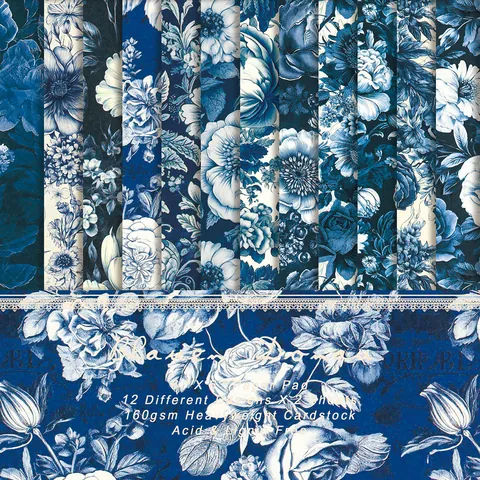 Set di Carta per Scrapbook con Fiori Vintage Cartoncino per Album Fotografico Fai da Te Creazione di Biglietti Motivo Botanico Dipinto a Mano Blu