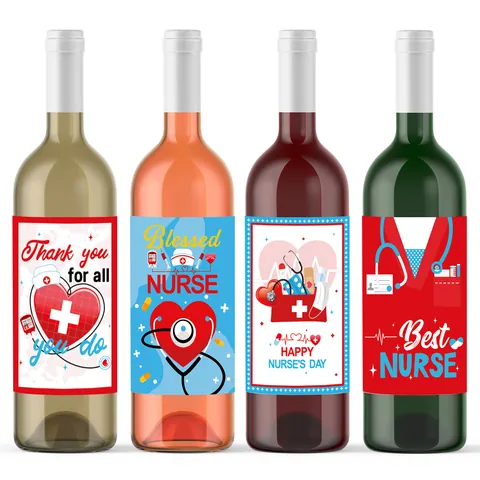 Nurse Theme Wine Bottle Stickers For Graduation Party Decor Waterproof Medical Elements Stethoscope Heart Design Labels