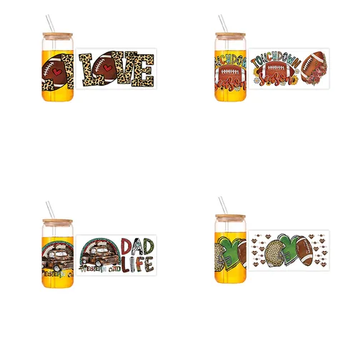 16oz Glass Can With Bamboo Lid And Glass Straw American Football Leopard Print Pattern Beer Can Tumbler For Iced Coffee Juice Water Cup