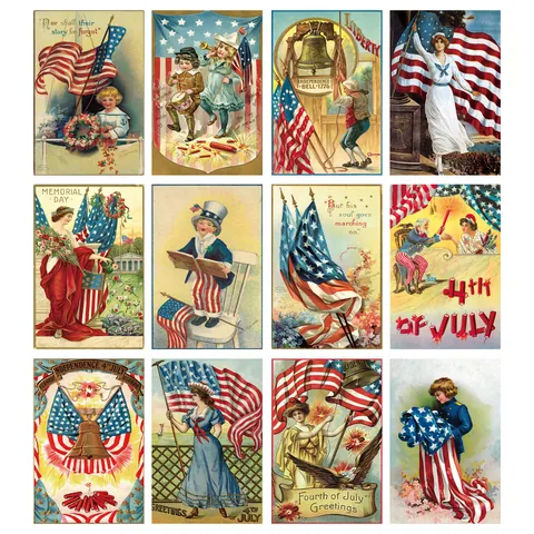 12 Hojas Postales Día de la Independencia EE. UU. Papel Vintage Patriótico Bandera Americana Tarjetas de Felicitación para Fiesta Hogar