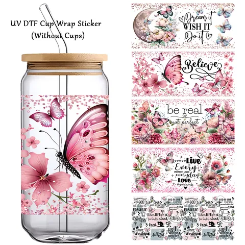 Schmetterling Blumen UV DTF Becher Aufkleber Für 16oz Gläser Wasserdicht PVC Transfer Aufkleber Rosa Blumen Inspirierende Zitate DIY Dekor
