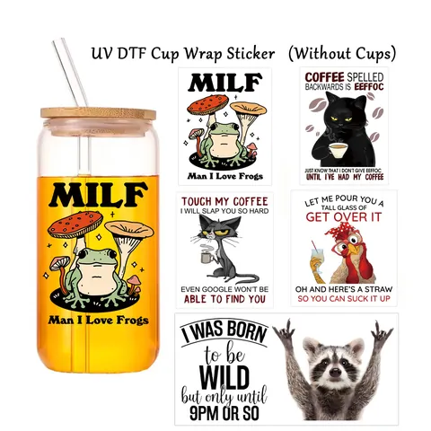 Pegatinas Divertidas UV DTF para Vasos Impermeables Animales Rana Gato Calcomanías de Transferencia para Vasos de Vidrio Decoración de Botellas DIY