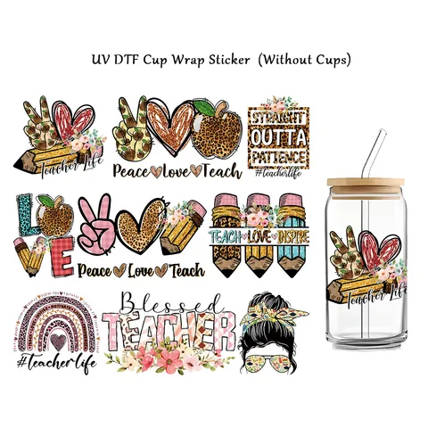 UV DTF Becher Aufkleber Libbey Glas Teacher Life Leopardenmuster Apfel Regenbogen Wasserdicht DIY Transfer Dekoration