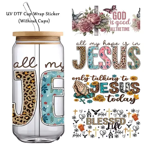 Adesivi per Tazze UV DTF per Libbey Glasses Impermeabili Religiosi Citazioni di Gesù Dio Motivo Floreale Leopardato Trasferimento