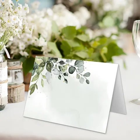 Watercolor Wedding Place Cards Foldable Cardboard Table Name Cards For Party Banquet Floral Green Leaf Reserved For Family